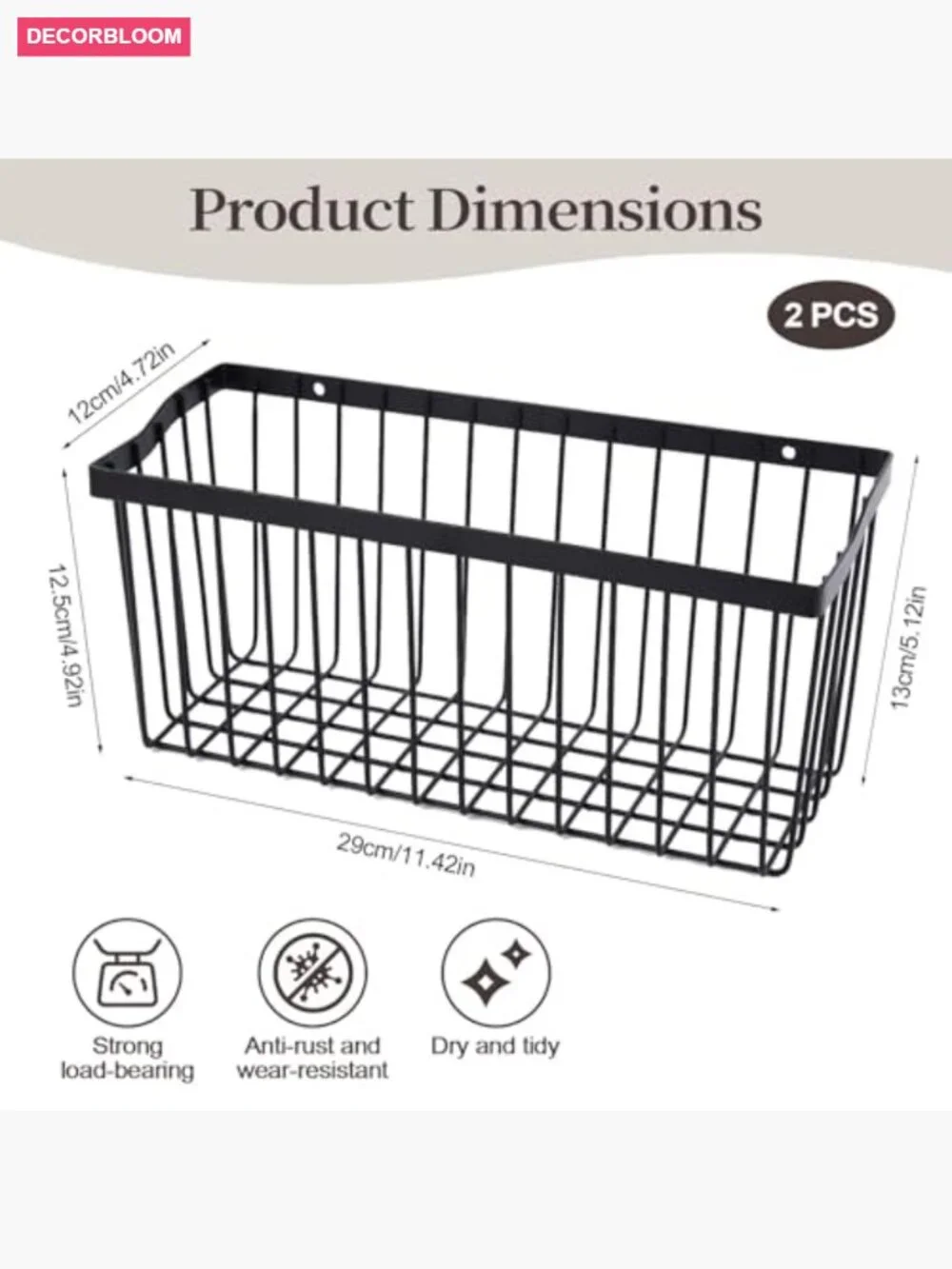 2-Piece Wall Mounted Fruit Basket Set, Carbon Steel Wire Veggie Storage for